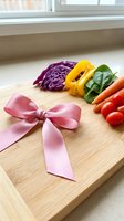 Fresh vegetables arranged on wooden cutting board with pink ribbon bow, including purple cabbage, yellow bell pepper, spinach leaves, and cherry tomatoes for healthy cooking.