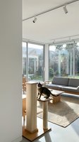 Modern minimalist living room with tabby cat on wooden scratching post near floor-to-ceiling windows overlooking garden for interior design concepts.