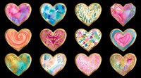 Watercolor heart clipart set with gold borders, isolated on transparent background. Twelve colorful designs for Valentine's Day, stickers, t-shirt design, and print on demand.