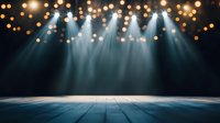 Stage with dramatic blue spotlights shining down on empty wooden floor, glowing bokeh lights in background creating atmospheric theater or concert setting.