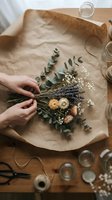 Florist arranging dried flowers and eucalyptus greenery on kraft paper with twine, scissors, and glass jars on wooden surface for floral design and craft projects.