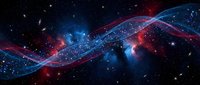 Cosmic energy waves flowing through deep space with vibrant blue and red nebula clouds, stars and galactic dust creating abstract celestial patterns.