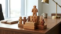 Wooden figurines on podium steps symbolizing leadership, teamwork, and business hierarchy on an office desk.