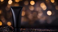 Black cosmetic tube on dark background with golden bokeh lights and glitter sparkles, luxury skincare product photography for beauty industry.
