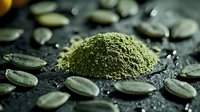 Green powdered matcha tea and pumpkin seeds scattered on dark textured surface with dramatic lighting and shallow depth of field, macro food photography.