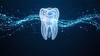Digital tooth hologram with glowing blue light effects and flowing data streams on dark background for dental technology and healthcare innovation concepts.