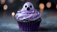 Purple ghost cupcake with lavender frosting and silver sprinkles on dark background with bokeh lights, Halloween party dessert decoration for spooky celebrations.