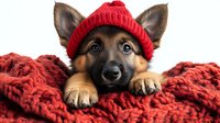 German Shepherd puppy wearing red knit beanie, resting head on paws with cozy red knitted blanket, looking at camera with adorable expression on white background.