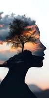 Double exposure silhouette of person profile with solitary tree on rocky cliff against dramatic sunset sky, representing inner thoughts and connection to nature.