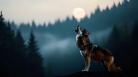 Lone wolf howling at full moon in misty forest landscape at dusk. Silhouette of pine trees and foggy mountains create mysterious atmosphere.