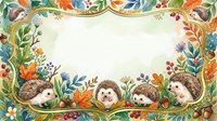 Hedgehog family surrounded by autumn foliage and berries in decorative border frame, isolated on white background for children's book illustrations, greeting cards, and nursery wall art.