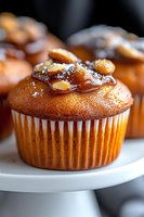 Fresh baked muffin topped with caramel sauce, chopped nuts and sugar crystals on white cake stand, extreme close up with selective focus on glossy topping.