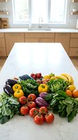Fresh organic vegetables and fruits arranged on white marble kitchen counter with natural lighting for healthy cooking and meal preparation.