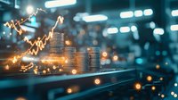 Glowing financial graph over stacked coins against blurred trading chart background, representing market growth and investment success in blue tones.