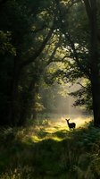Deer standing in sunlit forest clearing surrounded by tall trees with golden light filtering through dense green foliage, creating atmospheric woodland scene for nature and wildlife projects.