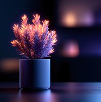 Glowing pink and purple plant in minimalist blue pot against dark background with soft bokeh lights, creating mystical atmosphere for decorative design.