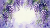 Watercolor wisteria flowers frame with purple blooms and green leaves on soft lavender background for spring wedding invitations and floral designs.