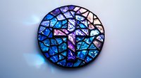 Vibrant stained glass mosaic circle with blue and purple fragments creating abstract pattern on illuminated background, glowing with ethereal light effect.