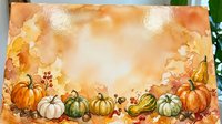 Autumn harvest border with orange and green pumpkins, fall leaves, berries on warm watercolor background for seasonal greeting cards and decorations.