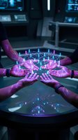 Business team hands creating holographic network connection in modern office environment for collaboration and digital transformation concepts.