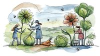 Watercolor illustration of diverse farmers harvesting giant vegetables in countryside landscape with rolling hills and flying bees creating whimsical agricultural scene.