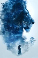 Mystical double exposure of majestic lion head merged with silhouette of woman walking in misty forest landscape, rendered in ethereal blue tones and fog effects.