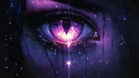 Mystical cosmic eye with glowing purple nebula reflection and starlight sparkles against dark space background, creating ethereal fantasy atmosphere.