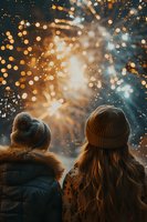 Young women in winter hats watching fireworks display, rear view. Golden bokeh lights and sparks illuminate dark sky creating magical festive atmosphere.