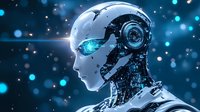 Futuristic robot head with glowing blue eye against dark background with bokeh lights, representing artificial intelligence technology.