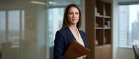 Professional businesswoman holding folder in modern office with city view background. Corporate executive ready for meeting or presentation.