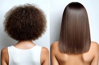Before and after hair straightening treatment comparison showing natural curly afro texture and smooth straight brown shoulder-length result on white background.