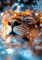 Close-up of cheetah nose and whiskers with magical bokeh light effects and water drops creating dreamy atmosphere, orange and blue color scheme for nature photography.