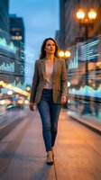 Professional businesswoman walking through futuristic city street with digital data visualization overlays and glowing financial charts at dusk.