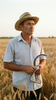 Mature Caucasian farmer in straw hat holding sickle in golden wheat field during harvest season, agricultural work and farming lifestyle concept.