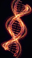 Glowing DNA double helix with fiery orange particles and light trails on dark background for genetics research and biotechnology concepts.