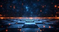 Glowing chess board pattern stretches to infinity against starry cosmic background with orange and blue particles floating in dark space.