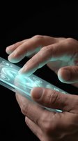 Male hands holding futuristic transparent device with glowing holographic interface display, representing cutting-edge technology, innovation, and digital interaction for tech concepts.