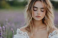 Young woman with blonde wavy hair in white lace dress standing in blooming lavender field with closed eyes, romantic summer portrait in soft natural light.