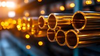 Copper pipes with golden bokeh lights in background creating industrial aesthetic composition with warm tones and selective focus for construction concepts.