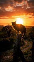 Cat silhouette perched on wooden fence post during golden hour sunset with dramatic orange sky and rural countryside landscape in background.