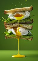 Stacked sandwich with poached eggs, avocado, and fresh greens on toasted bread, dripping golden yolk against green background, modern food photography style.