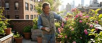 Middle-aged man with light skin tone, wearing casual denim shirt and apron, tending to flowering plants on urban rooftop garden surrounded by blooming flowers and potted plants.