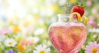 Fresh strawberry sparkling drink in heart-shaped glass bottle with bubbles against colorful spring garden background for romantic beverages and celebrations.