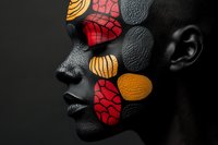 African woman with creative black face paint and vibrant red and orange circular patterns on dark background, artistic beauty portrait in profile view.