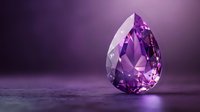 Pear-shaped purple amethyst gemstone with precise facets and brilliant cuts on purple background with soft lighting and reflective surface creates luxurious atmosphere.