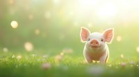 Pink piglet standing in green grass at sunrise with magical bokeh lights and soft dreamy atmosphere. Cute farm animal in natural environment at golden hour.