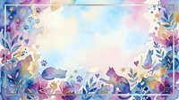 Watercolor floral frame with purple and blue botanical elements, leaves and flowers creating decorative border on soft gradient background for spring designs.