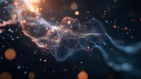 Abstract digital network visualization with glowing orange and blue particles flowing through space, creating dynamic wave patterns against dark background.