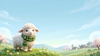 Cute animated lamb wearing green knitted sweater standing in spring meadow with blooming flowers, rolling hills and farmhouse village in background under blue sky.