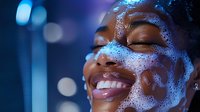 Young African American woman with bright smile and glowing skin covered in foam or soap bubbles against blue background with bokeh lights.